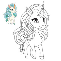 Unicorn coloring page for children. Outline unicorn for coloring book. Vector illustration.