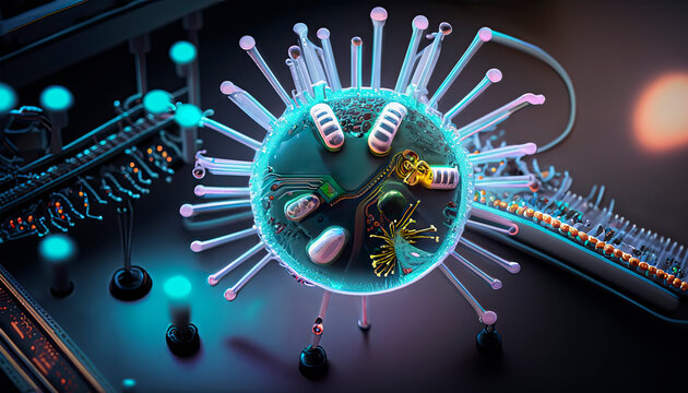 Science fiction, abstract illustration of an artificial virus or other fantasy microorganism, artificially created in a laboratory with biotechnology and engineering. Concept 3d illustration.