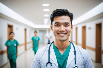 portrait shot of young age asian male doctor in doctors outfit looking at camera while standing in the hospital, sly smile, blurred background, team of nurses in background