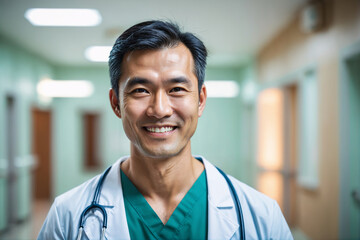 portrait shot of middle age asian male doctor in doctors outfit looking at camera while standing in the hospital, sly smile, blurred background - obrazy, fototapety, plakaty