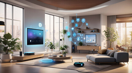 Image of a smart room with interconnected IoT devices, voice-activated controls, and a seamless, tech-enhanced living space - obrazy, fototapety, plakaty