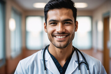 portrait shot of young age indigenous male doctor in doctors outfit looking at camera while standing in the hospital, sly smile, blurred background - obrazy, fototapety, plakaty