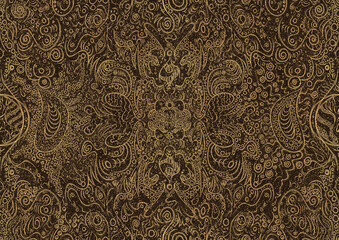 Hand-drawn unique abstract symmetrical seamless gold ornament with golden glittery splatter on a dark brown background. Paper texture. Digital artwork, A4. (pattern: p04a)