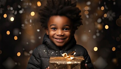 Szczęśliwy czarnoskóry chłopiec trzyma świąteczny prezent.  - obrazy, fototapety, plakaty