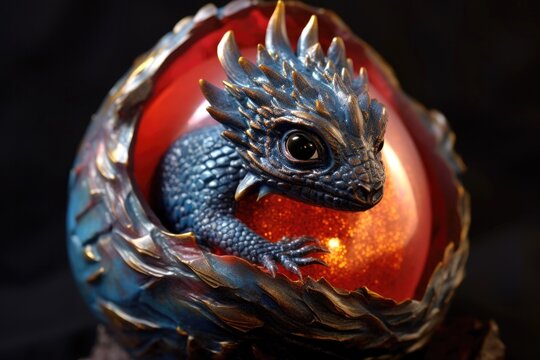 Cute baby little blue dragon hatching from the red egg fantasy art Generative AI