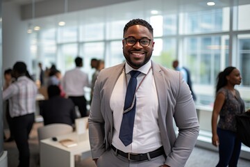 Naklejka premium Smiling plus size black businessman in the office. Generative AI