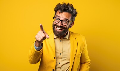 Smiling man with funny expression pointing at copy space, on yellow background. Generative AI - obrazy, fototapety, plakaty