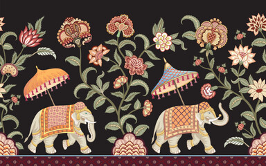 Indian elephant, umbrella, flowers, leaves seamless border. Oriental floral wallpaper.