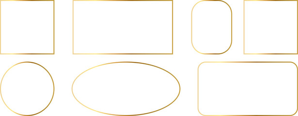 Gold shiny glowing frames set. Pack of luxury realistic square, round, oval borders. PNG - obrazy, fototapety, plakaty