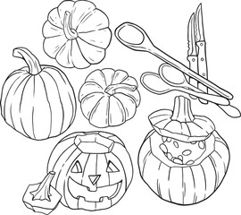 Pumpkin lantern in outline style isolated on white background. Halloween symbol. Vector illustration - Black and white, Black line vector