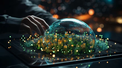 Deurstickers An AI-generated connected globe seamlessly displays the forefront technologies of our time: 5G, Edge Computing, Internet of Things (IoT), and APIs,promising a future.Generative AI Illustration.closeup © peerapong