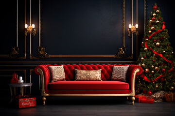 Luxury bright Baroque interior with vintage sofa and Christmas tree.