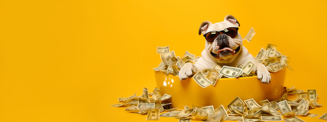 Satisfied English bulldog with glasses lies in a bathtub with a bunch of money on a yellow background