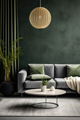 green designer room interior. ceramic vase with dried flowers. green wallpaper. minimalism interior. glass decor - obrazy, fototapety, plakaty