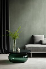 green designer room interior. ceramic vase with dried flowers. green wallpaper. minimalism interior. glass decor - obrazy, fototapety, plakaty
