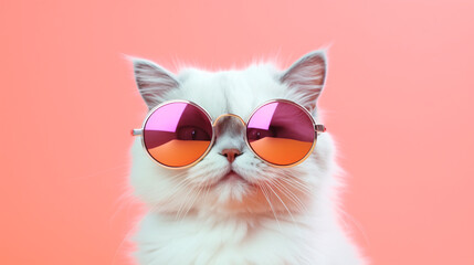 Obraz premium A cat, adorned with fashionable glasses, strikes a pose in a studio with a vibrant, multi-colored background, creating a whimsical and eye-catching portrait. Generative AI Illustration. closeup.