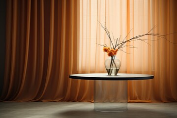 orange-gray room. minimalism. long curtains. minimalism. orange physalis. A cheap, shiny thing made of glass. room design