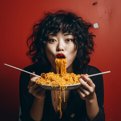 In a well-lit studio with a vivid red background, a woman is captured in a moment of culinary...