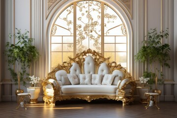 expensive rich interior in gold and white. large luxurious sofa. semicircular window. golden interior elements. castle. baroque royal style