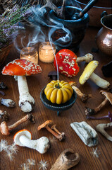 Space with gifferent types of mushrooms, and mortar, and lighted candle on a black table. Esoteric, alternative medicine, aromatherapy or Wicca still life with incense smoke.