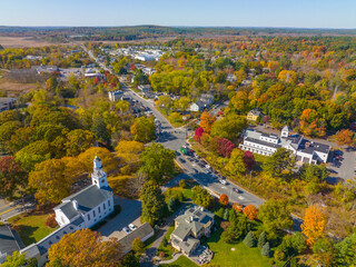 Wayland historic town center aerial view in fall with fall foliage at Boston Post Road and MA Route...