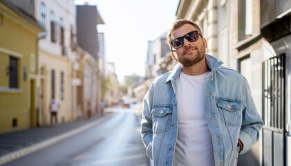 Fototapeta na wymiar Young adult caucasian ethnicity man wearing denim jacket and sunglasses standing on street. 