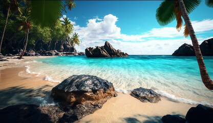 Tropical island sea beach scene palm trees wallpaper AI Generated image - obrazy, fototapety, plakaty