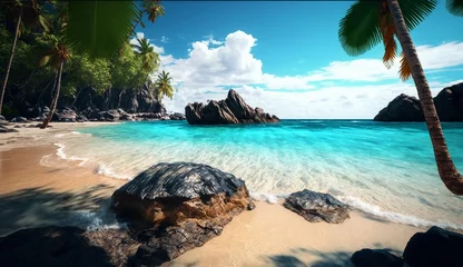 Fototapeten Tropical island sea beach scene palm trees wallpaper AI Generated image © DolonChapa