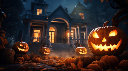 Halloween burning pumpkins outside a spooky mystery house Scary night view of a horror house with Halloween decoration and ghost. Generative AI