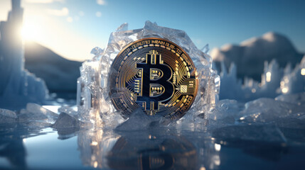 Bitcoin trapped in ice. Frozen cryptocurrency exchange rate,   Generative AI - obrazy, fototapety, plakaty