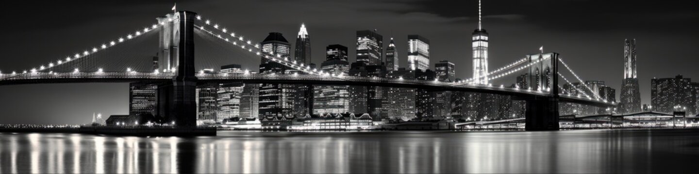 Black and White New York City Skyline at Night Panoramic View with Brooklyn Bridge in Background