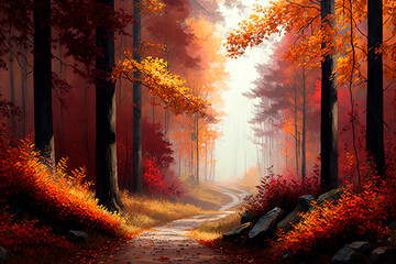 The beautiful scenery of autumn forest. Generative AI