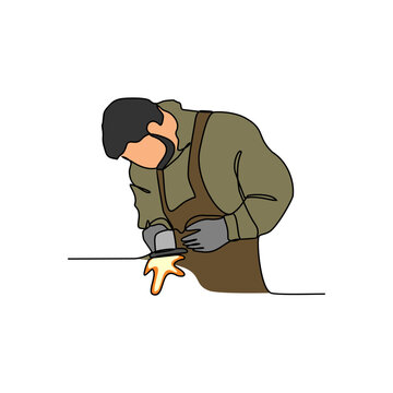 One continuous line drawing of blacksmith working activity with white background. blacksmith working activity design in simple linear style. blacksmith people design concept vector illustration.