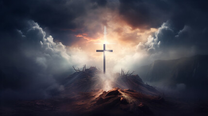 Holy cross symbolizing the death and resurrection of Jesus Christ with The sky over Golgotha Hill is shrouded in light and clouds. Generative AI
