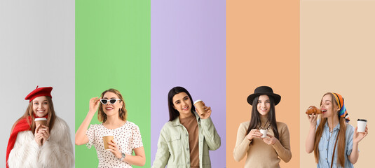 Set of different women drinking coffee on color background