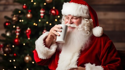Santa Claus drinking milk on backdrop of a decorated glowing Christmas tree