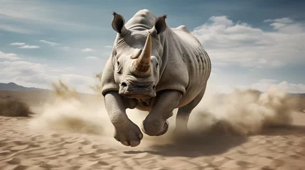 Poster Angry aggressive rhinoceros running towards the camera © mashimara