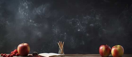 Pencils and book on a desk with fruits and blackboard background