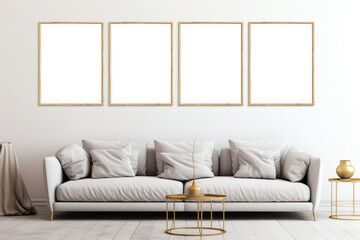 Wall art mockup. Four white canvas with wooden borders. Living room with white wall