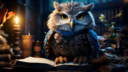 owl on a book with a feather