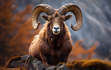 Portrait of a majestic brown ram in a rustic elegance. Brown ram with curved horns and aura of nobility in a rural landscape.