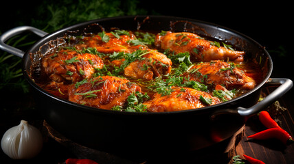 chicken wings and vegetables with parsley in pan. close up