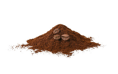 Pile of coffee powder with beans isolated on white background