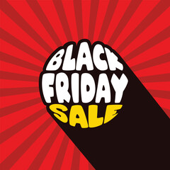 Black Friday sale retro bold typography in round shape tag. Big offer, business promotion banner, template, flyer, poster. Friday sale sign and symbol. Discount label design.