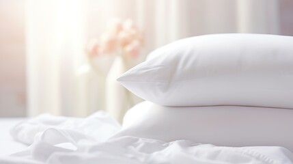 Fototapeta na wymiar Stack of white pillows, modern interior bedroom