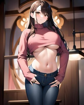 beautiful brunette anime girl - Generative AI