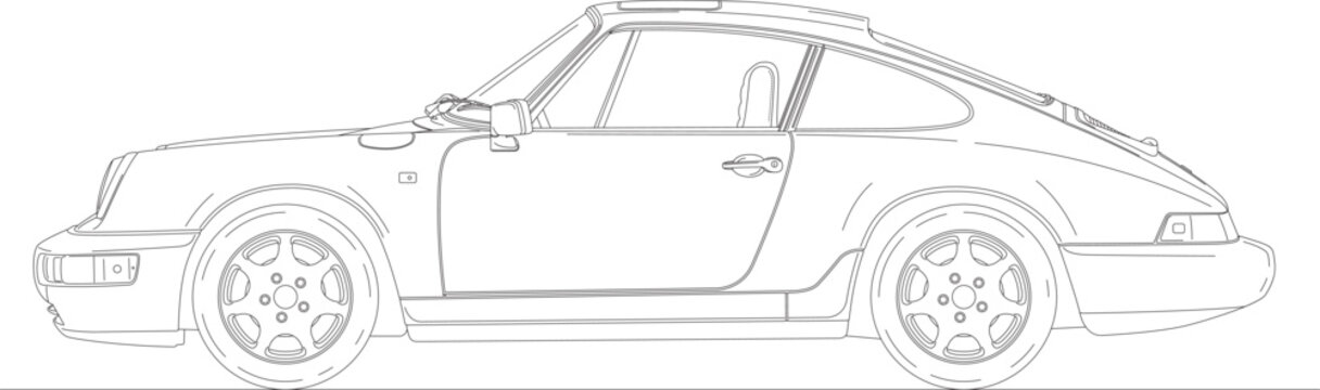 Germany, year 1989-1993, Porsche model 964 Carrera 4, vintage classic sport car, silhouette outlined, vector illustration