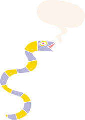 hissing cartoon snake with speech bubble in retro style