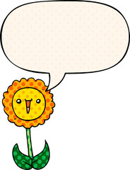 cartoon flower with speech bubble in comic book style