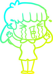 cold gradient line drawing of a cartoon woman in tears